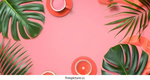 Tropical Leaves and Pink Background Flat Lay
