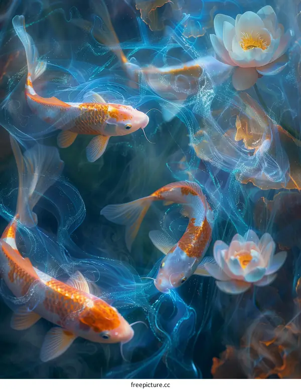 Colorful錦鯉和荷花在池塘裡暢遊