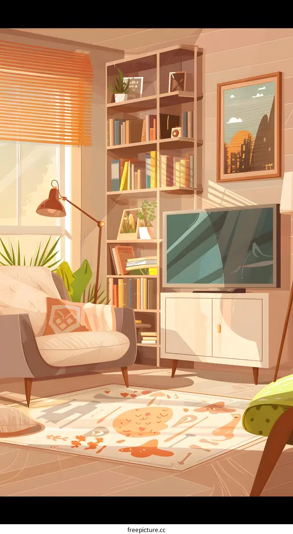 Cartoon Illustration of a Living Room with a Couch and a Bookcase