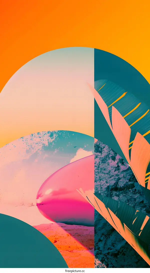 Abstract Art Collage with Tropical Leaves and Geometric Shapes