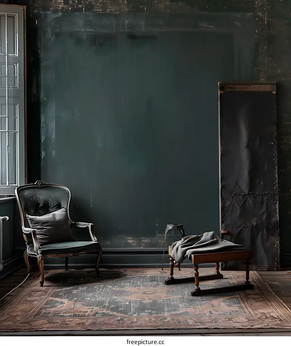 Vintage Chair and Stool with Rug in a Room with Green Wall