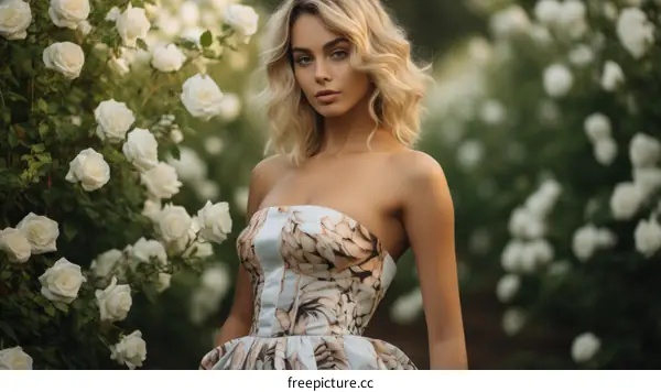 Elegant woman in a rose garden