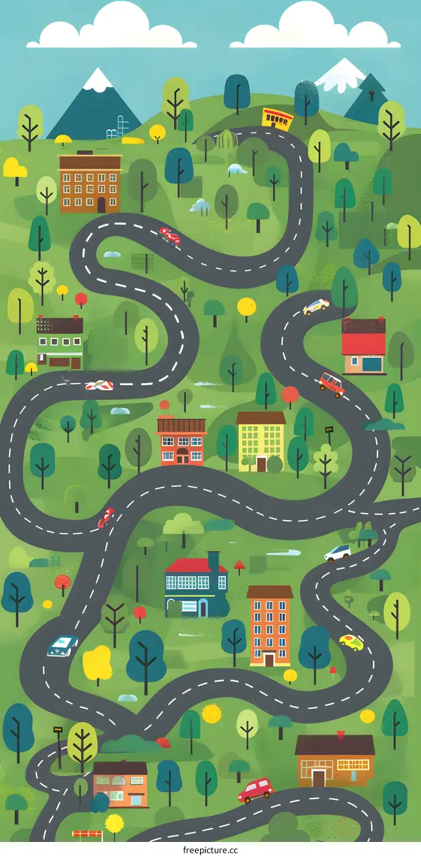 Cartoon Cityscape Illustration with Winding Road