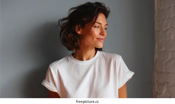 Woman in White T-Shirt Against a Gray Wall