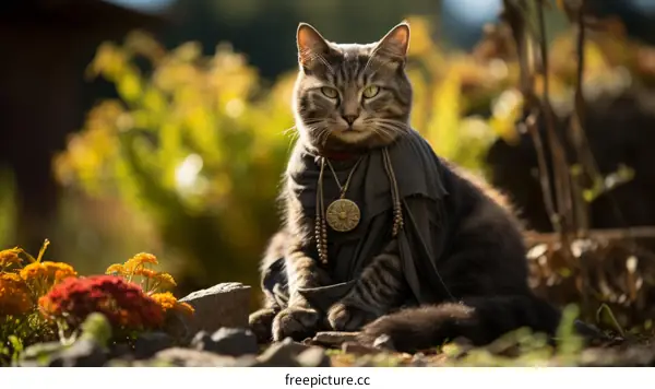 A gray cat wearing a black and gray cloak sits in a garden
