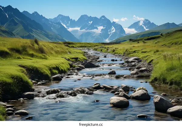Alpine river flowing through a lush green valley with snow-capped mountains in the distance