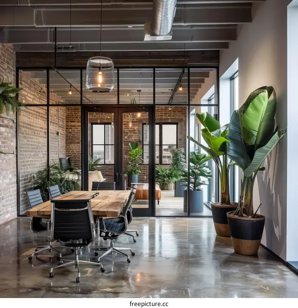 Modern Conference Room Interior with Brick Wall and Plants