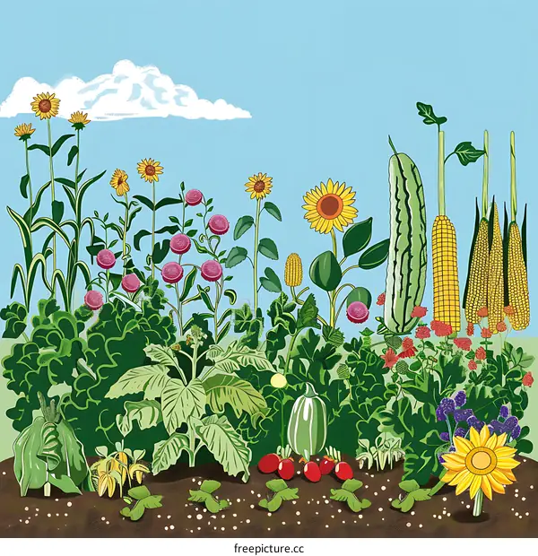 Illustrated Garden With Various Vegetables And Flowers