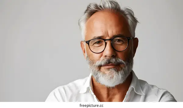 Portrait of a Mature Man with Glasses and a White Shirt