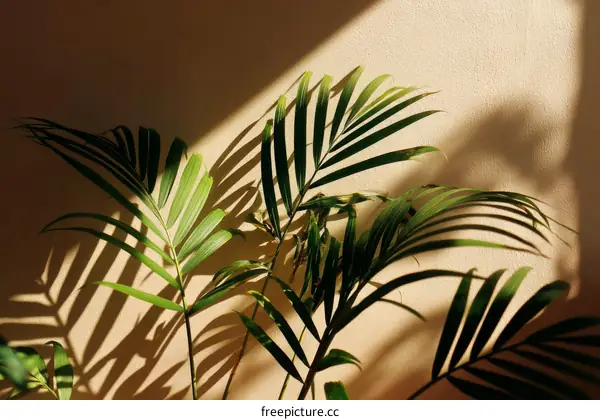 Sunlight Through Palm Leaves on a Beige Wall