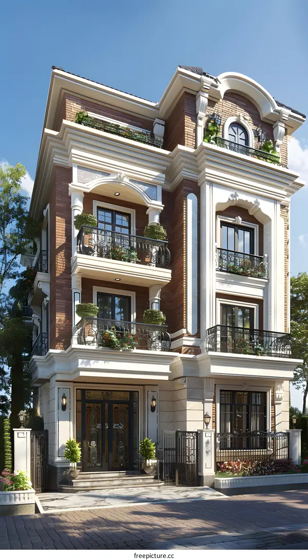 European-style three-story villa with brick red exterior wall and many balconies