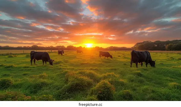 Cows grazing in a lush green field at sunset