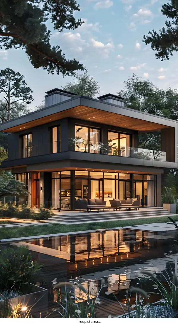 A Modern House in the Woods with a Reflection in the Water