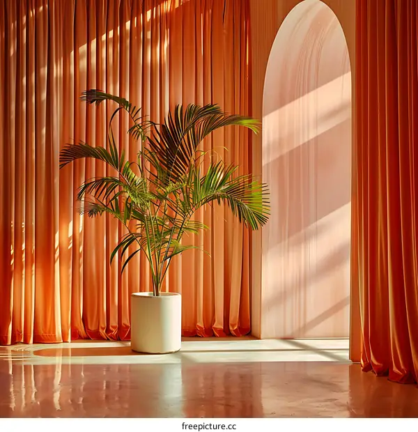 Palm Tree In Front Of Orange Curtains