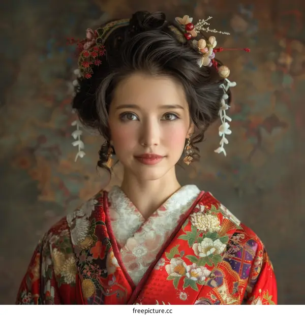 Portrait of a beautiful Japanese woman in traditional kimono