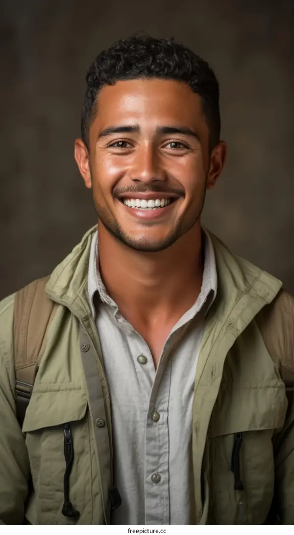 Happy young man with curly hair wearing a green jacket and white shirt smiles broadly