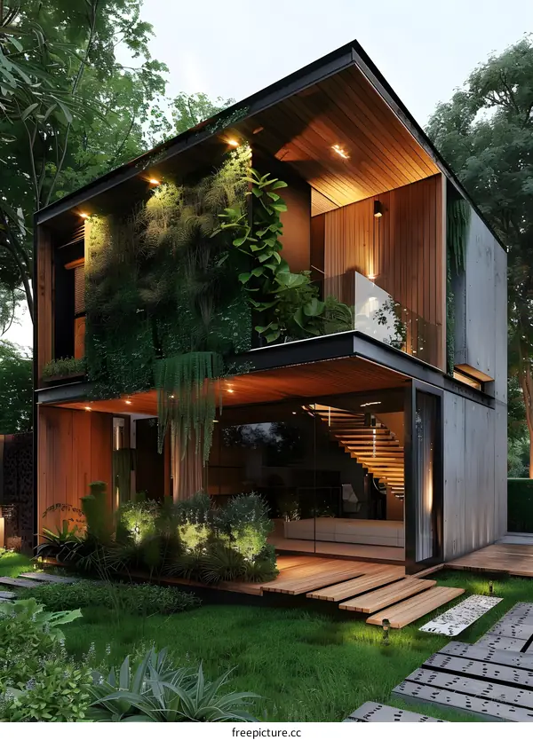 Modern House Design With Wooden Exterior And Green Wall