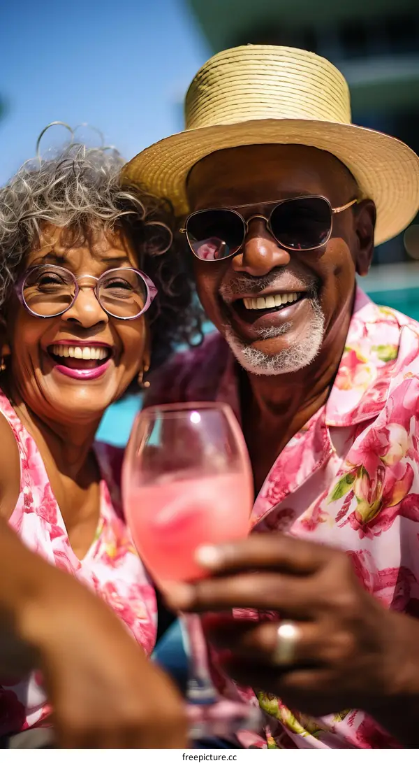 Happy retired couple on vacation drinking cocktails and smiling