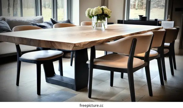 Large Wooden Dining Table with Modern Chairs