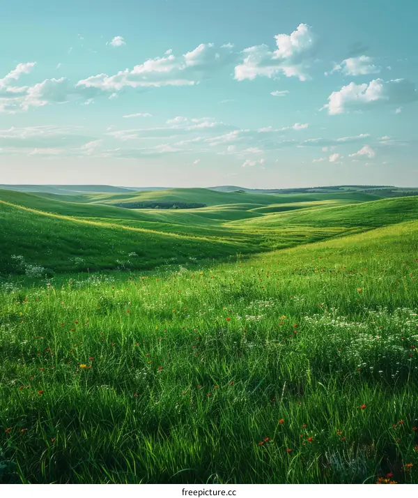 Green rolling hills under blue sky