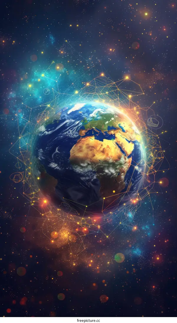 Earth surrounded by a network of stars and lines