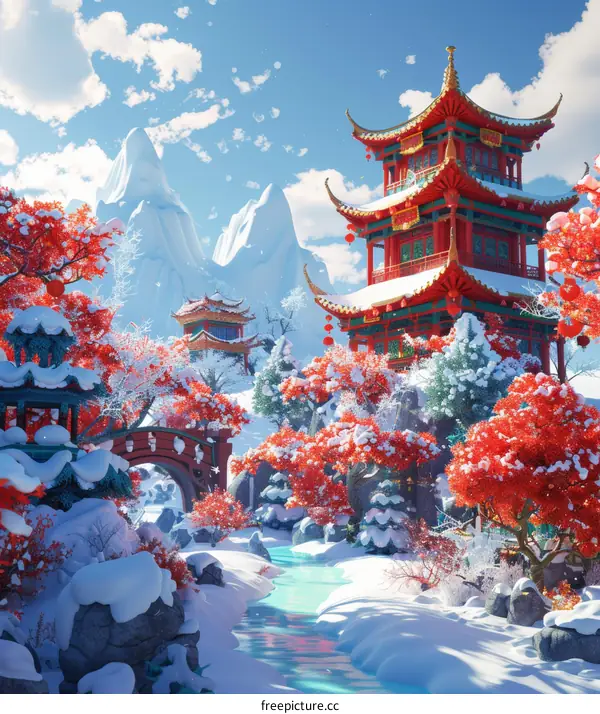 Traditional Chinese Pavilion Amidst a Snow-Covered Mountain Landscape