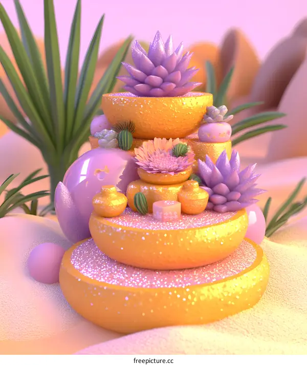 Abstract 3D Illustration of Pink and Yellow Succulents and Flowers