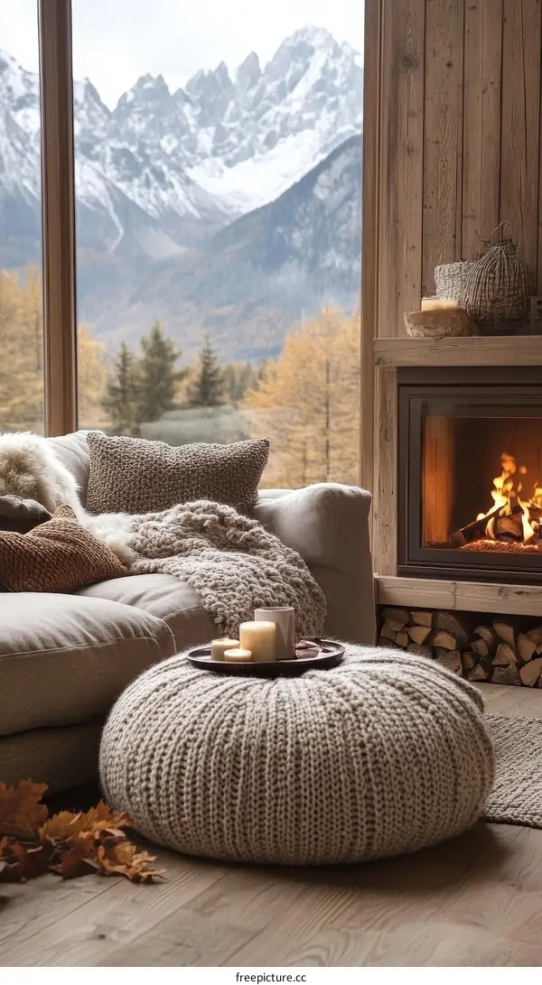 Cozy Mountain View Living Room with Knitted Pouf