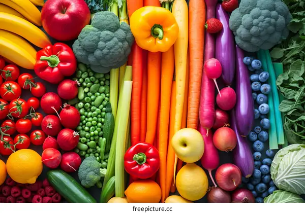 A variety of fresh fruits and vegetables are arranged in a rainbow pattern.