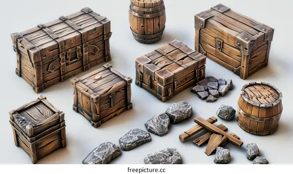 Wooden Crates, Barrels, and Scattered Rocks