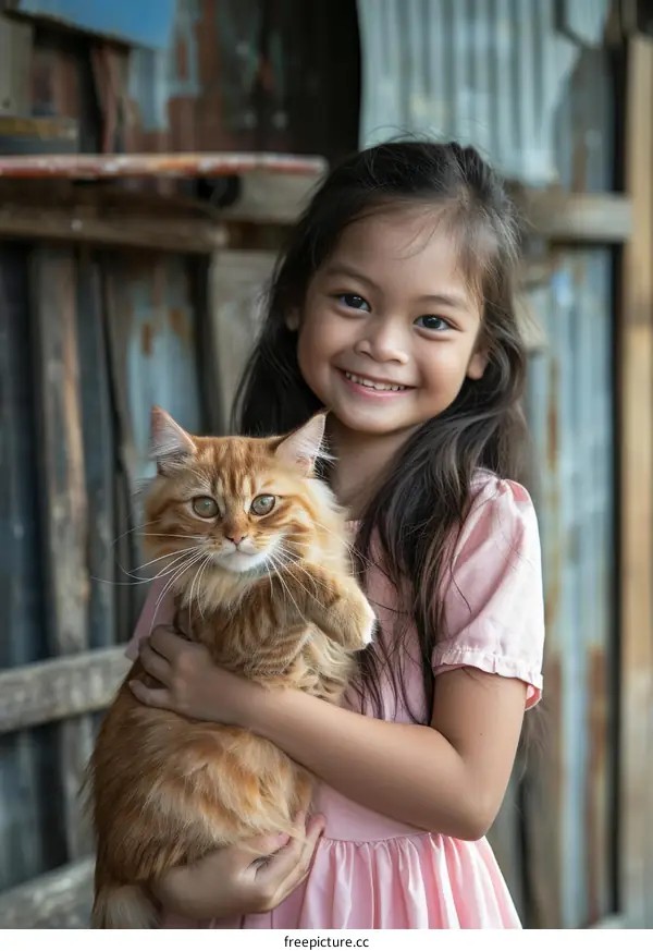 Little Asian girl holding a big ginger cat in her arms and smiling