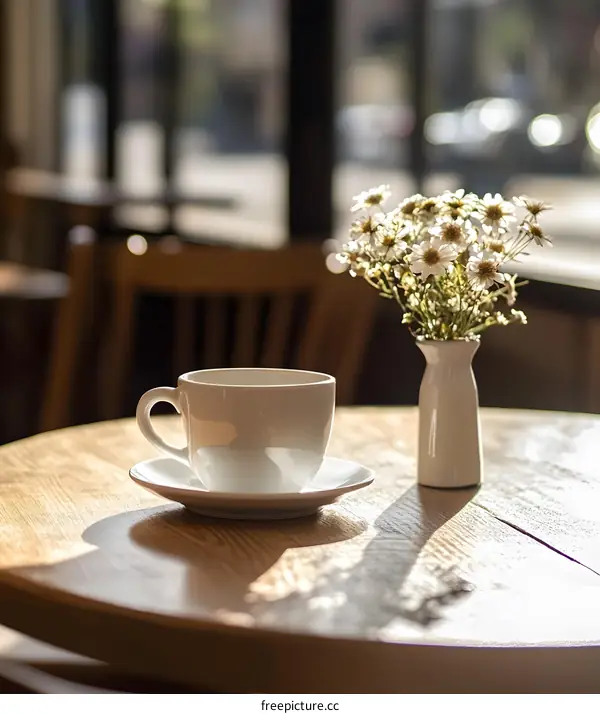White Coffee Cup and Flowers on Wooden Table