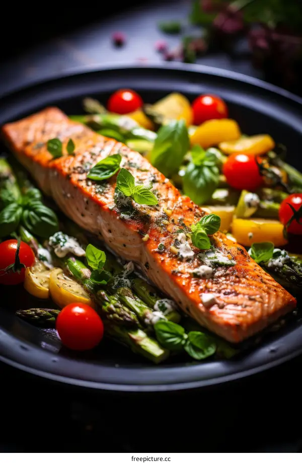Grilled Salmon with Asparagus and Cherry Tomatoes