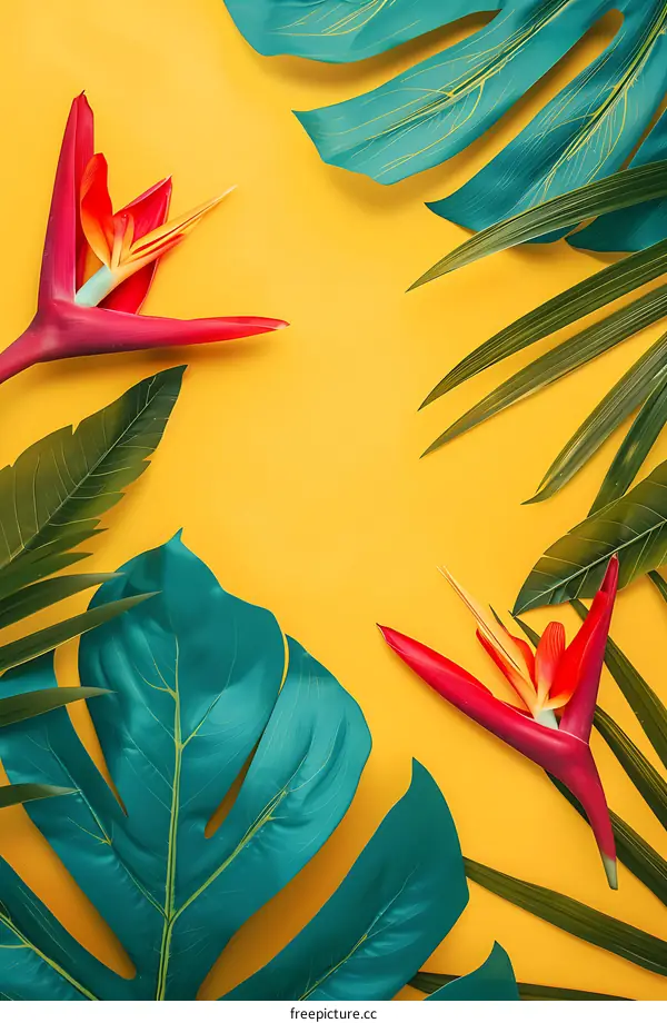 Tropical Leaves and Flowers on Yellow Background
