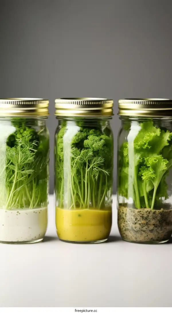 Three glass jars with different salad dressings and salad greens