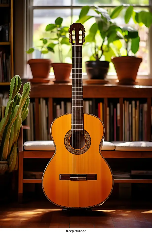 An acoustic guitar is placed in front of a window with plants and bookshelves in the background