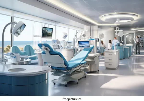 The interior of a modern dental clinic with a view of the ocean