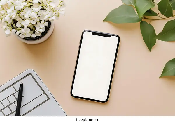 Flat Lay of a Smartphone with White Flowers and Green Leaves