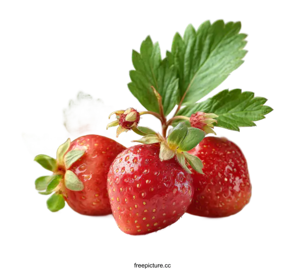 [Transparent Background PNG]Fresh Strawberries with Green Leaves Close-up