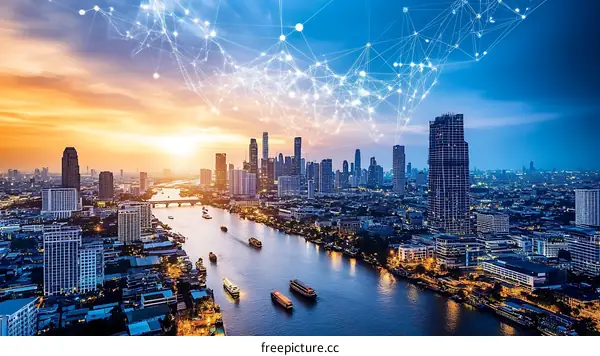 Cityscape Skyline with Networked Connectivity