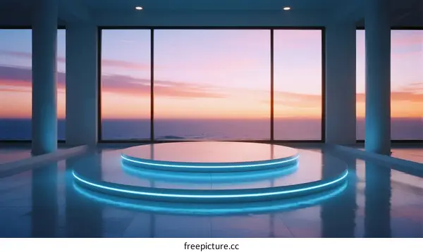 Modern Minimalist Room with Large Windows and Neon Lights