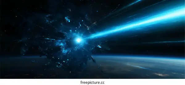 Blue Cosmic Beam Emanating from Explosion in Deep Space