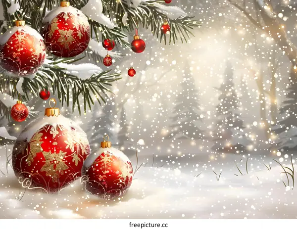 Christmas ornaments hanging on a snowy tree branch