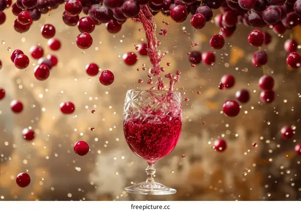 red wine glass with red grapes falling