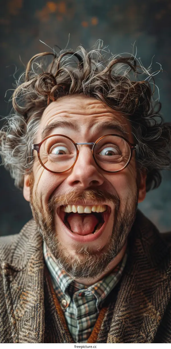 Man with Crazy Hair and Glasses Expressing Joyful Emotion