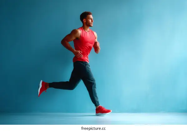 Man Running in Red Sportswear Against a Blue Background