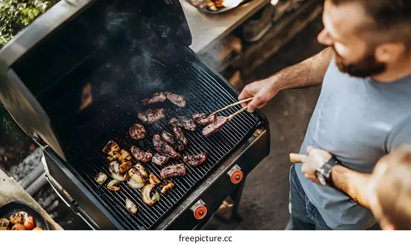 Man Grilling Food on a Barbecue Grill