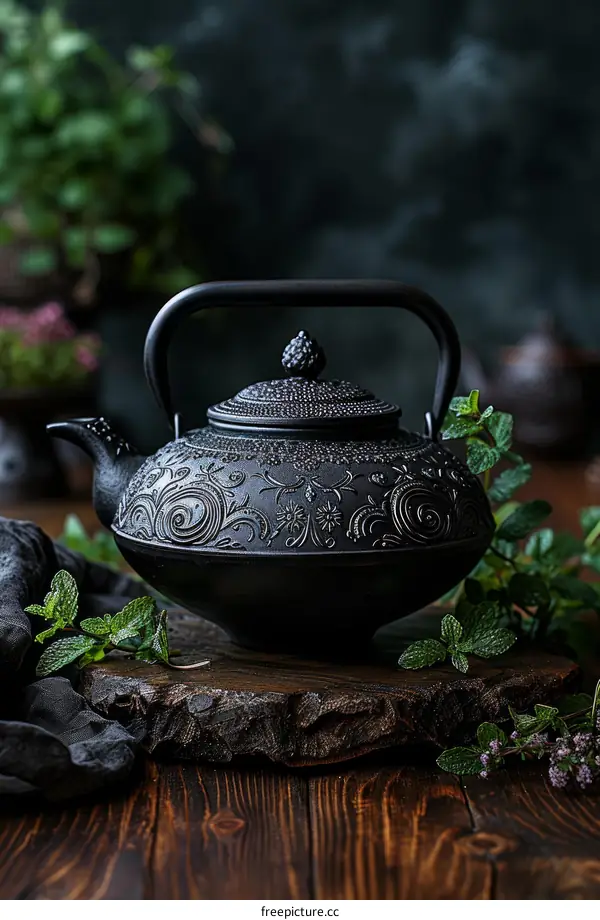 Black cast iron teapot with green mint leaves