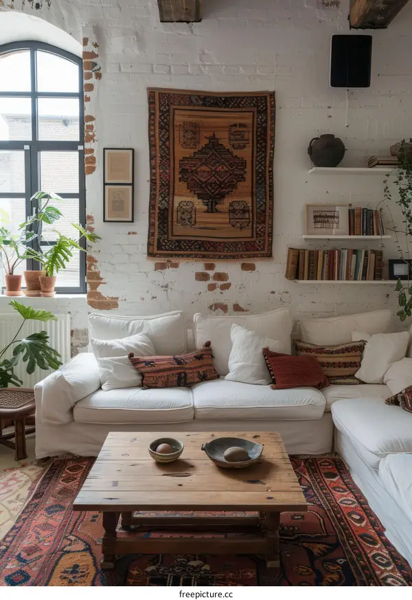 Bohemian Living Room with White Sofa and Brick Walls