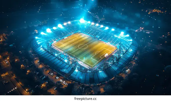 Aerial view of a soccer stadium at night with the lights on